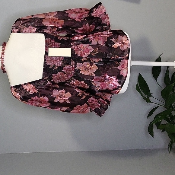 Thirty Thirty Pink Floral Babydoll Sheer Balloon Sleeve Iridescent Blouse Size M - Picture 3 of 12